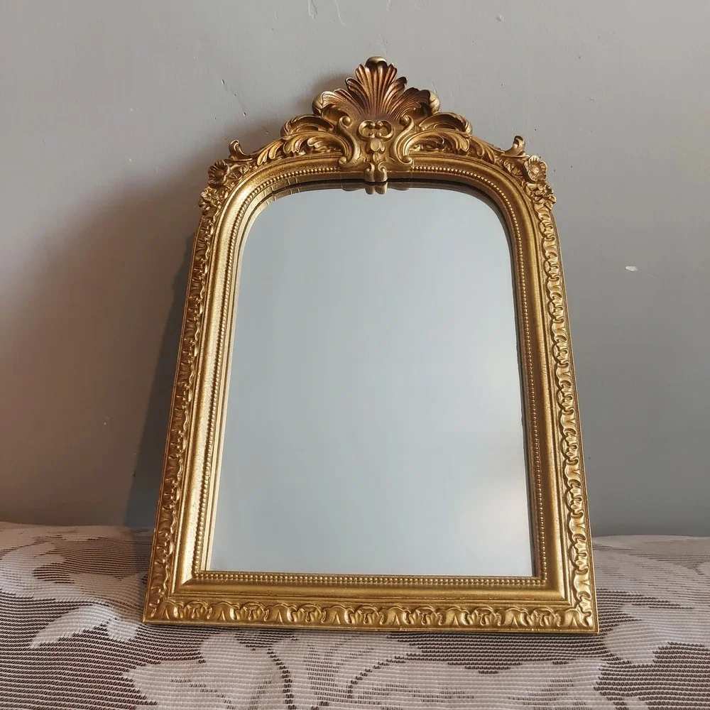 Vintage Style Ornate Gold Arched Vanity Mirror Tabletop Wall Mount 9.25x6